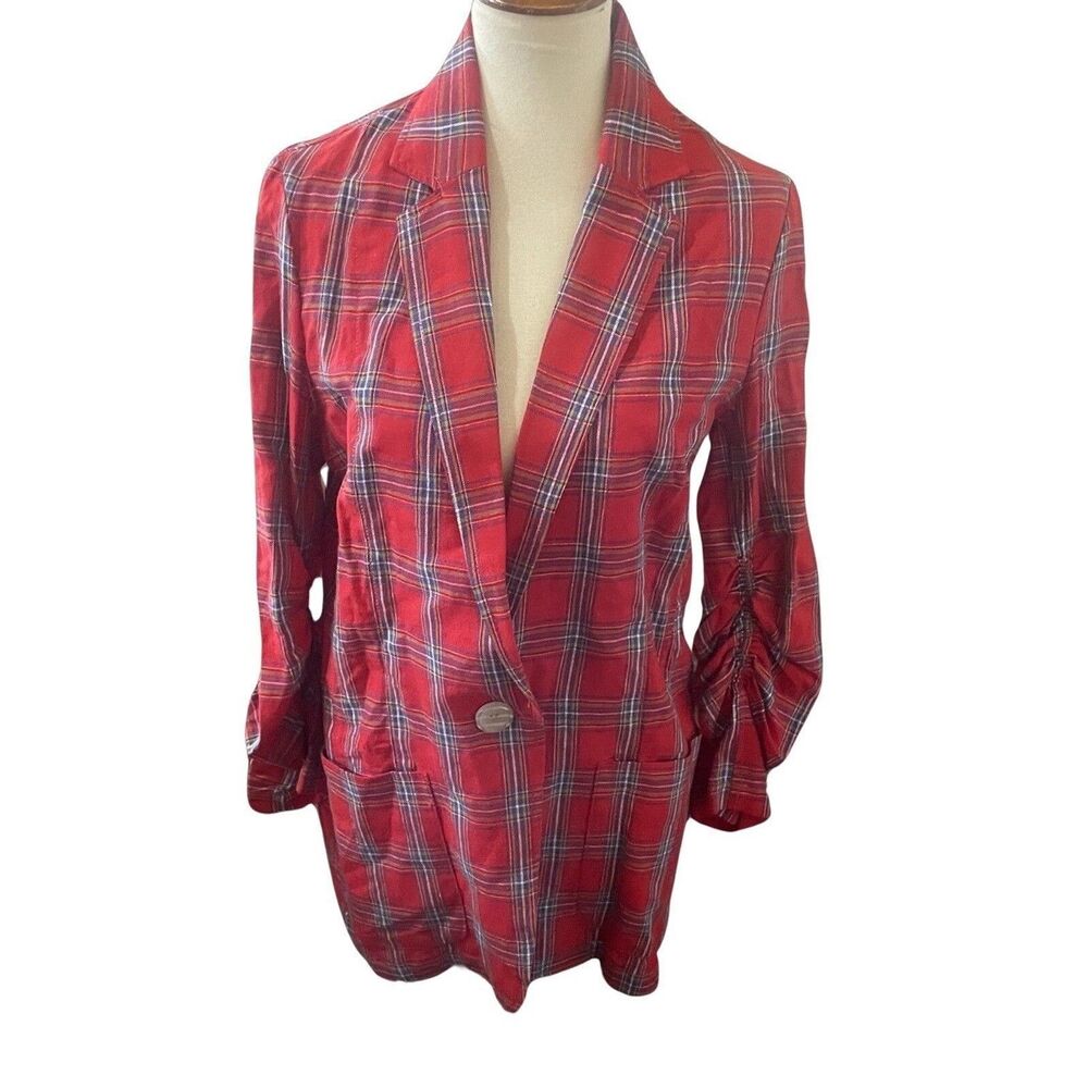 Max Studio Jacket Women's Size Small Red Plaid Coat 1 Button Gathered Sleeve Y2K
